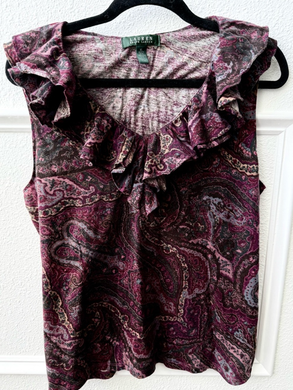 Lauren Ralph Lauren Purple Paisley Ruffle Top XL Boho Festival